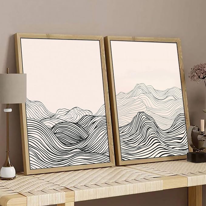 ARTZIO Framed Canvas Prints-Black and White Wall Art,Japanese Minimalist Abstract Ocean Wave Line Art,Vintage Retro Decor,Ready to Hang for Living Room,Bedroom,Bathroom & Office(16"x24")