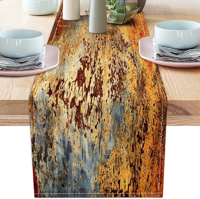 Brown and Orange Table Runner Inch Modern Abstract Messy Rust Painting Linen Dresser Runner Vintage Farmhouse Style Table Decor for Kitchen Dining Wedding Coffee Home Party (13"x 36")