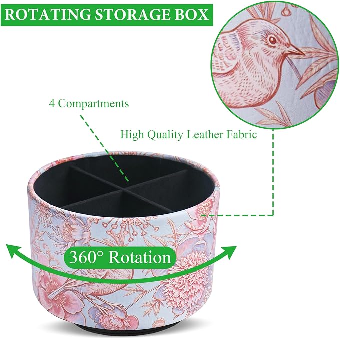 Round Leather Art Supply Organizer,Remote Control Holder,360 Degree Spinning,Multi-Functional Pencil Holder,4 Compartments Desktop Stationary Organizer(1-Pink Blue Bird)