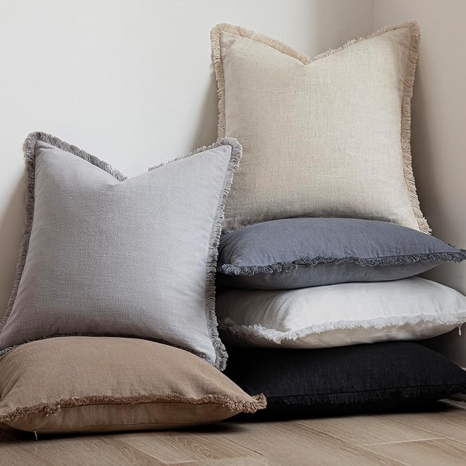 Foindtower Set of 2 Decorative Linen Fringe Lumbar Throw Pillow Covers Farmhouse Cushion Cover with Tassels Accent Pillowcase for Couch Sofa Bed Living Room Home Decor,12×20 Inch,Light Rustic Gray