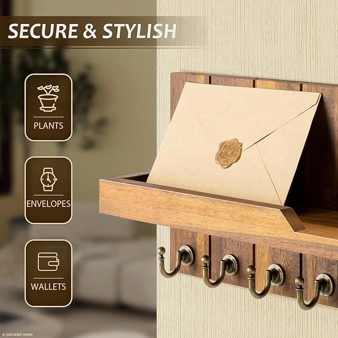 Rebee Vision Acacia Wood Key Holder Wall Mount for Home Decor - Key Holder for Wall with Floating Shelf for Hanging Coats & Hats - to Elevate Farmhouse Decor (Acacia Wood, 3.54''×15''×7.28'')