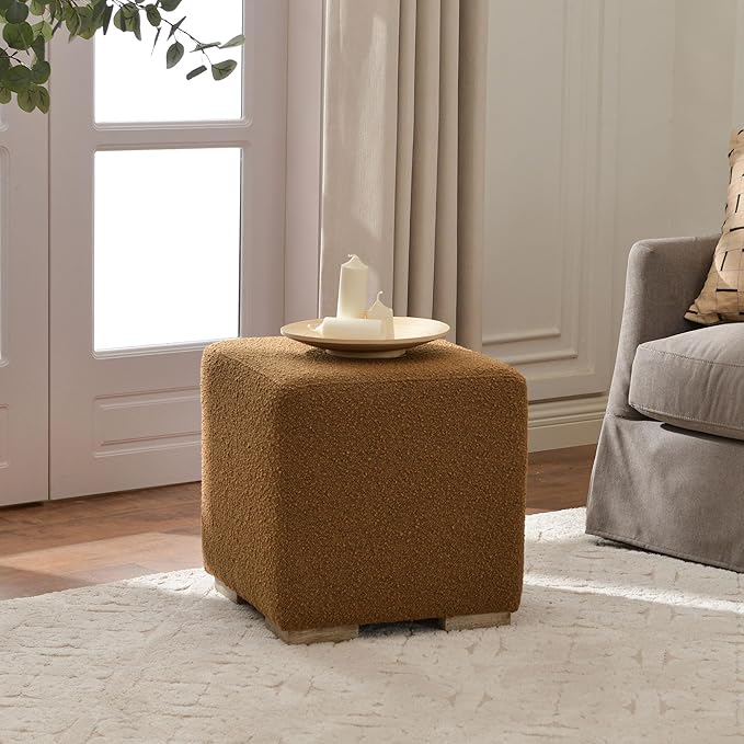 KINWELL 18.5" Wide Modern Square Boucle Upholstered Ottoman with Solid Wood Legs, Cube Ottoman Multi-Functional Sofa Footrest, Extra Seating for Living Room, Bedroom, Fully Assembled (Brown)