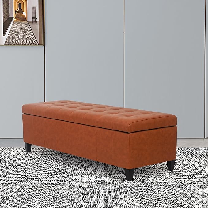Homebeez 51" Faux Leather Storage Ottoman Bench, Tufted Rectangular Foot Rest Stool (51" Dark Orange)