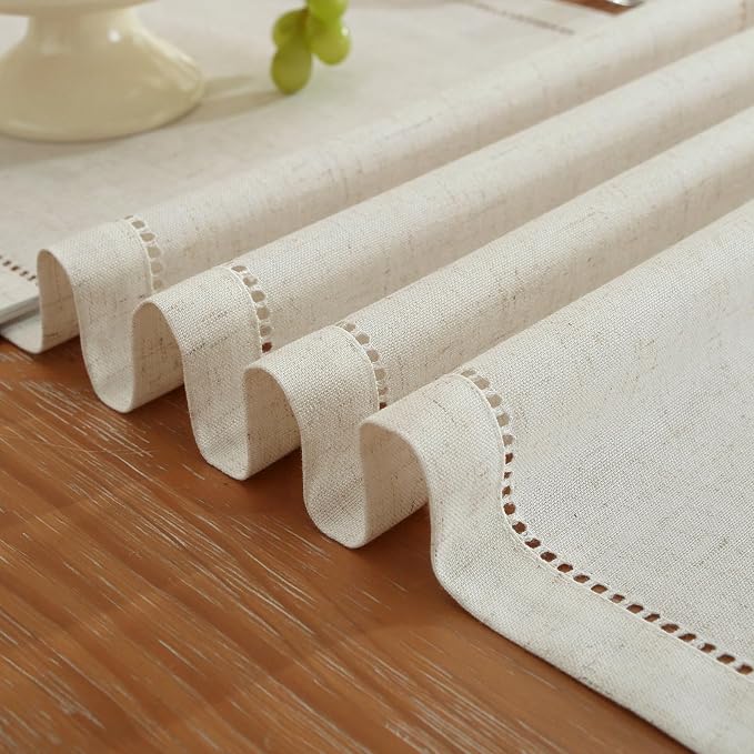 Light Natural Handmade Hemstitched Linen Blend Table Runner for Father's Day, Spring, Summer, Classic Hemstitch Style (14 x 72 Inch)