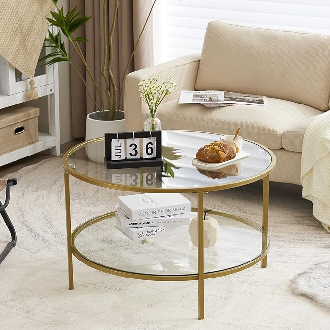 VINGLI Glass Coffee Table, 30" Round Champagne Gold Coffee Tables for Living Room,2-Tier Glass Top Coffee Table with Storage Clear Coffee Table,Simple & Modern Center Table Mesa de Centro para Sala