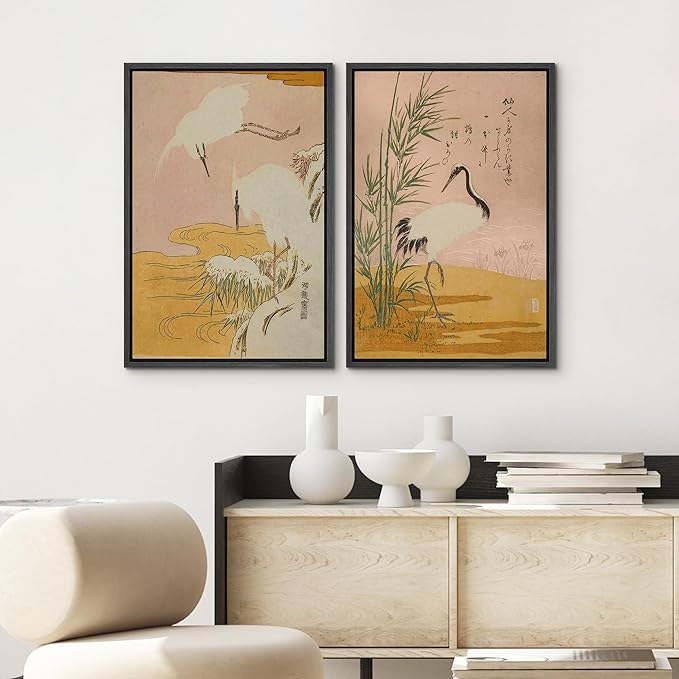 SIGNWIN Framed Canvas Print Wall Art Set Japanese Crane Vintage Style Bird and Bamboo Illustrations Modern Art Rustic Minimal for Living Room, Bedroom, Office - 16"x24"x2 Black