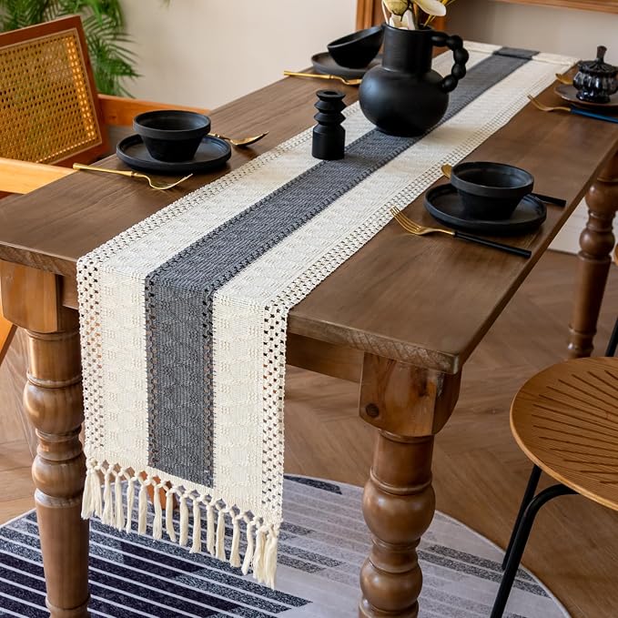 EMMTEEY Boho Table Runner with Tassels- Scratch & Heat Resistant, 108 Inches Long Table Runner Cotton Linen Macrame Handmade for Dining Table/Wedding Décor (12"X108", Grey)