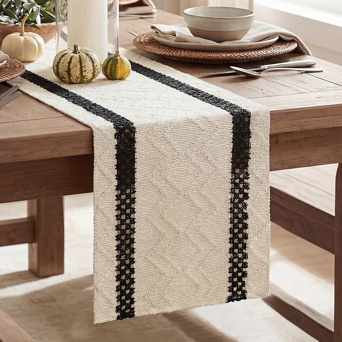 Artoid Mode Black Stripe Woven Table Runner, Seasonal Holiday Hollow Kitchen Dining Table Decoration for Home Party Decor 12x48 Inch