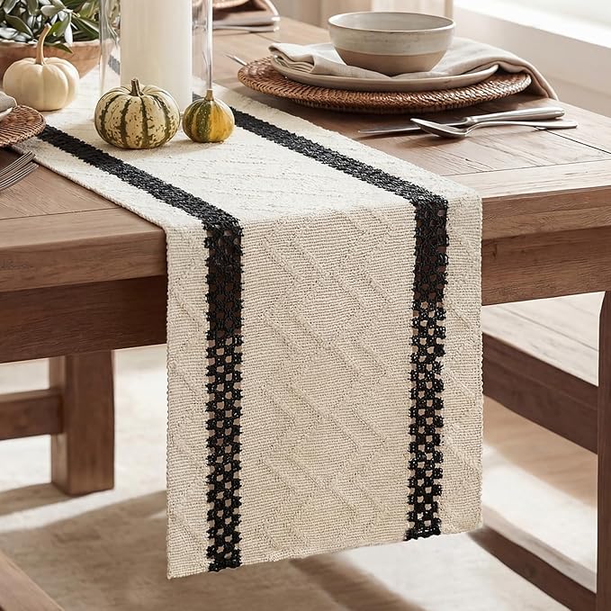 Artoid Mode Black Stripe Woven Table Runner, Seasonal Holiday Hollow Kitchen Dining Table Decoration for Home Party Decor 12x60 Inch
