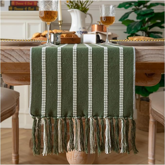 Caflife Boho Table Runner 60 Inchs Long Green, Cotton and Linen Woven with Tassels, for Modern Rustic Farmhouse Neutral Table Runners, Bohemian Kitchen Dining Table Home Decor