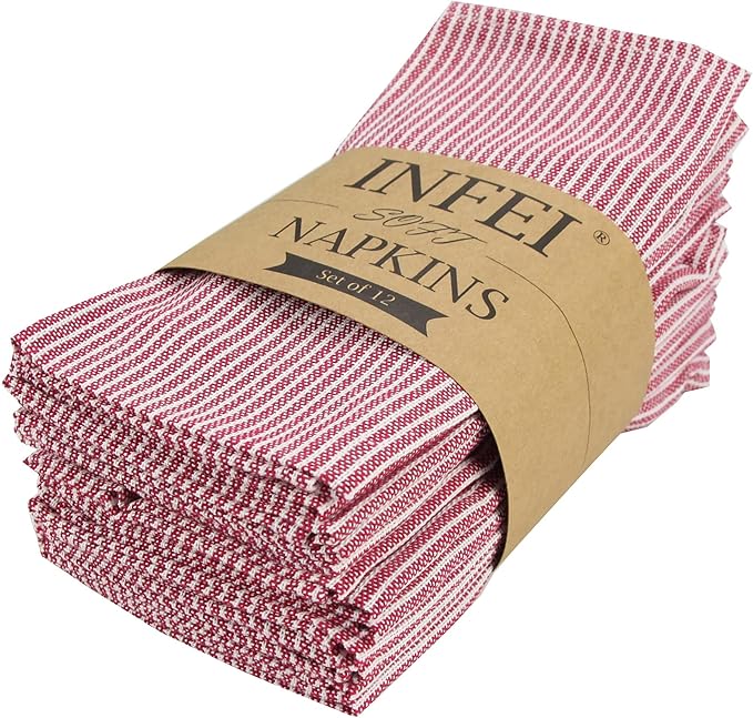 Narrow Striped Cotton Linen Blended Dinner Cloth Napkins - Set of 12 (40 x 30 cm) - for Christmas Parties Events & Home Use (Red)