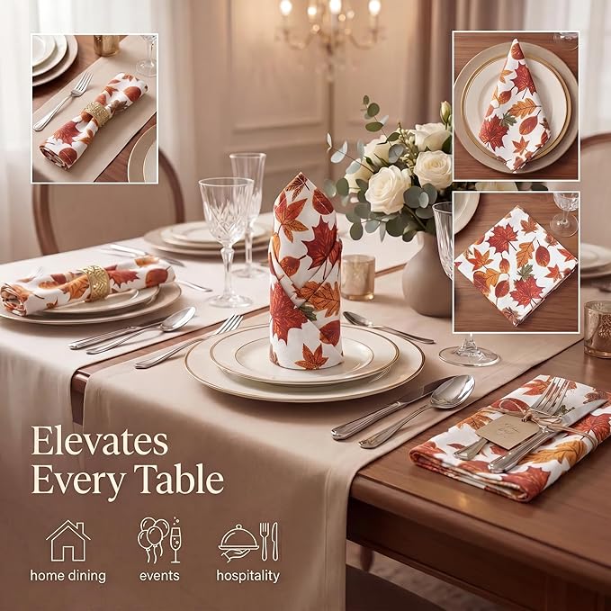 Urban Villa Cloth Napkins 100% Cotton Highly Absorbent Washable Reusable Premium Dinner Napkins Ideal for Gifts for Mothers Day Hotel Farmhouse Parties - Harvest Leaf Print (20" x 20", Set of 12)