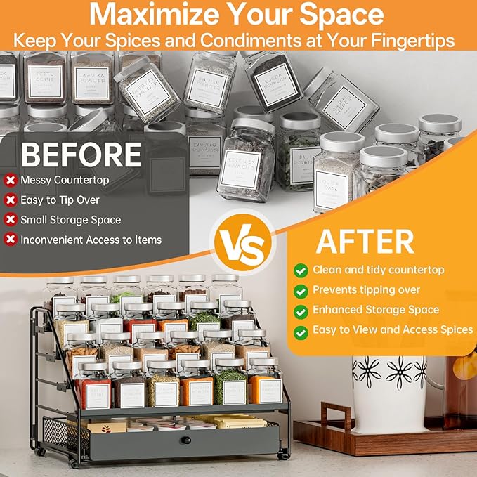 DTUQYX Spice Rack Organizer for Cabinet: 4 Tier Adjustable Spice Rack Organization with Drawer, Depth Metal Shelf for Kitchen Countertop, Cupboard, Pantry, Holds Seasoning and Condiments (Black)