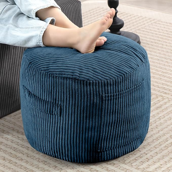 Round Stuffed Pouf Ottoman,Corduroy Foot Rest with Rebound Foam Filled, Furry and Fluffy Foot Stool Ottoman, Floor Poufs for Living Room (Blue, 20" D x 20" W x 15" H)
