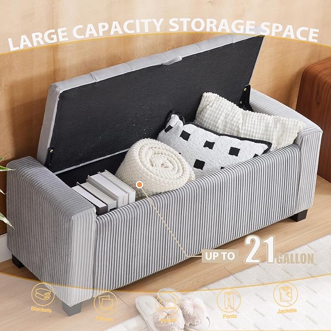 Storage Ottoman Bench, Bench for Bedroom End of Bed, Ottoman with Storage for Living Room and Entryway (Velvet Light Grey)