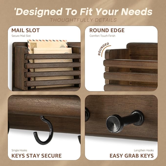 Rebee Vision Pine Wood Key Holder Wall Mount for Home Decor - Farmhouse Key Holder for Wall with 8 Hooks for Entryway, Kitchen - Mail Organizer with Round Corner for Letter, Paper & Mail (Brown)