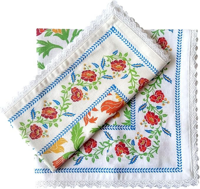 FINGERCRAFT Dinner Cloth Napkin Cotton Linen Blend 12 Pack Mitered Corners with Elegant Lace for Everyday Use Napkins are Pre Shrunk and Good Absorbency (Persian Flora Lace, 20in x 20in)