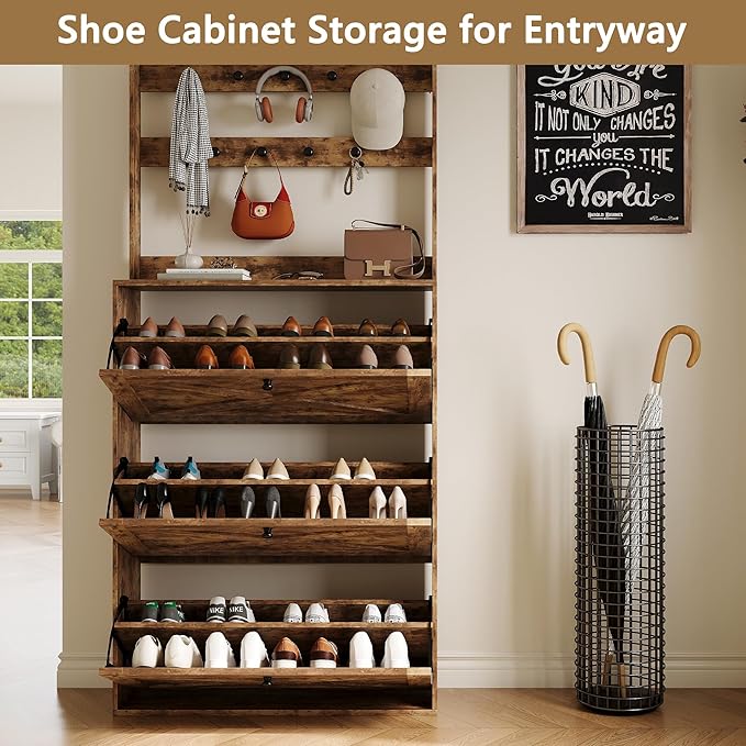 HOPUBUY Tall Shoe Cabinet with 3 Flip Drawers, Farmhouse Hidden Shoe Storage Cabinet with Rack, Slim Narrow Freestanding Shoe Storage Organizer for Entryway, Hallway & Living Room,Rustic Brown