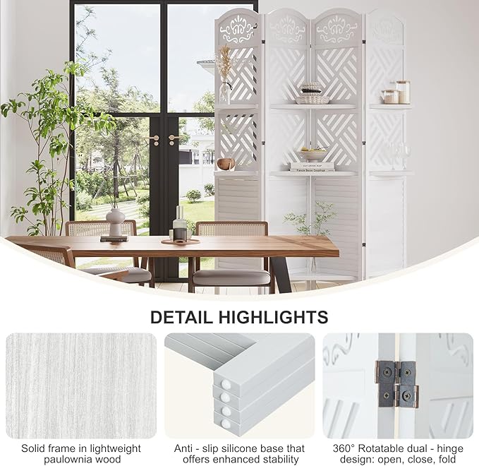 Room Divider with Shelves, 5.75ft Tall Folding Wood Carved Screen with Double Hinges for Home Office Bedroom Hotel Decoration (4 Panels, Pure White)