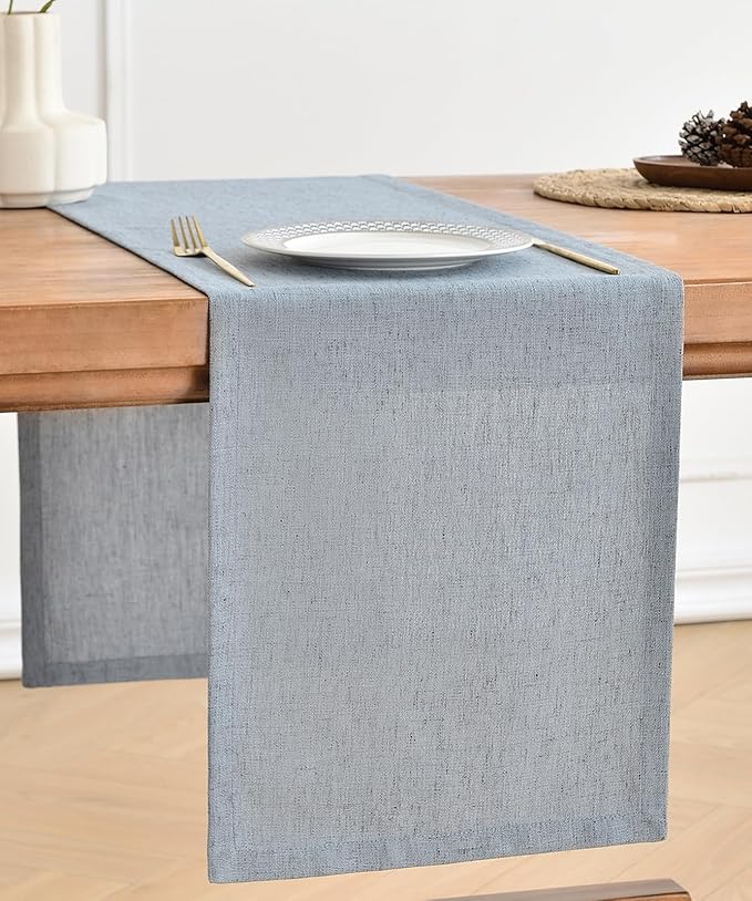 Wracra Linen Style Table Runner, Rustic Farmhouse Chambray Dusty Blue Table Runners 108 Inches Long, Handcrafted Table Runner for Fall, Winter - Everyday Use and Machine Washable