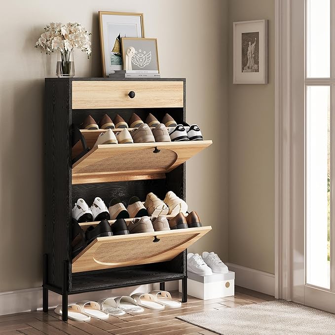 IRONCK Shoe Cabinet with 2 Flip Drawers, Shoe Storage Cabinet for Entryway, Free Standing Shoe Storage Organizer with Rattan Doors Slim Narrow Shoe Rack Cabinet, Black