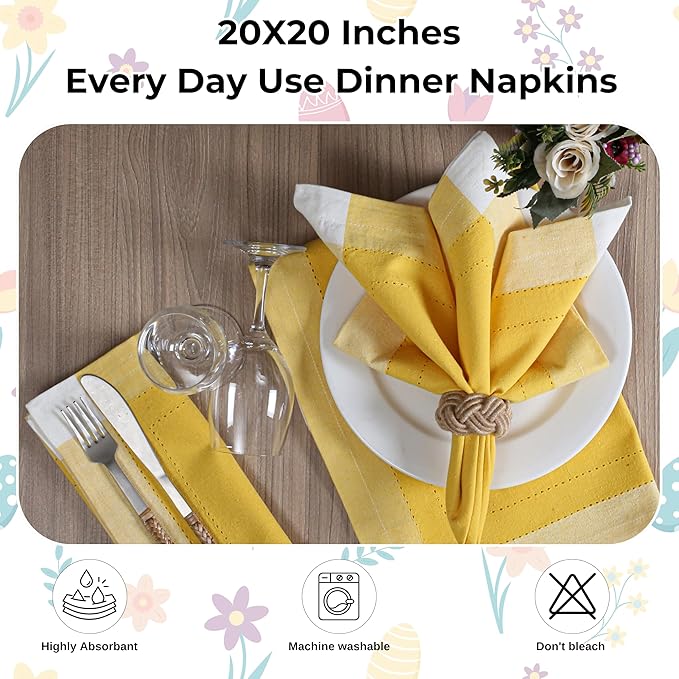 Bedding Craft Cotton Cloth Napkins Set of 12 – 20x20 Yellow Multi Double Hemstitched – Machine Washable Fabric Dinner Napkins for Weddings, Parties & Table Settings