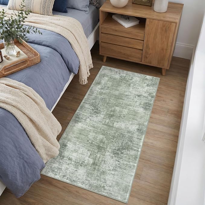 IOHOUZE Abstract Runner Rug 2x4 Ft Entryway Rugs Washable Door Mat Indoor Entrance, Rubber Backed Entryway Runners, Printed Faux Wool Non Slip Floor Carpet for Foyer Front Door Sink, Sage Green