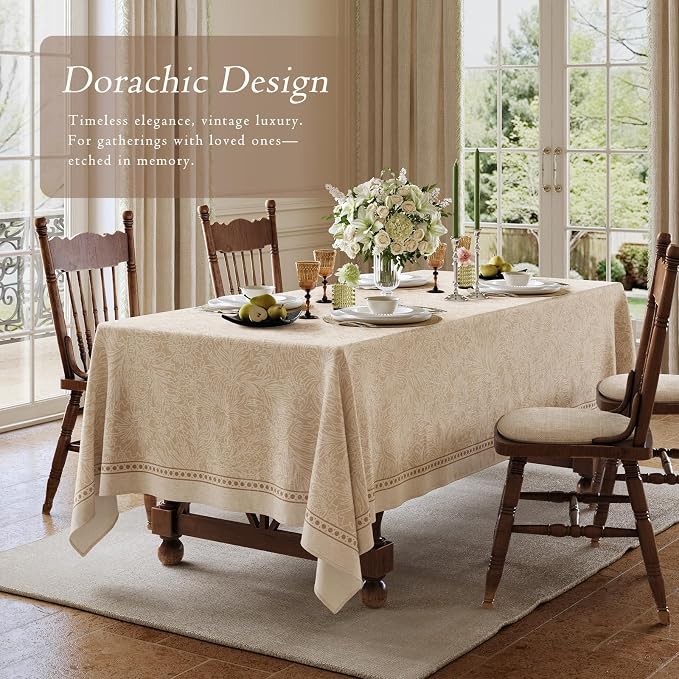 Beige Thick Linen Tablecloth for Rectangle Tables, Waterproof Wipeable Decorative Table Cover for Dining Kitchen Indoor Outdoor, 55" x 79", 4-6 Seats