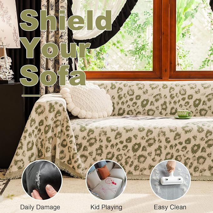 VClife Bohemian Sofa Cover, Cute Animal Leopard Jacquard Fabric Couch Covers for Sectional Sofa, 1 Piece Extra Large Sofa Protector Home Decor Aesthetic Sofa Slipcover for Dog, Green, 71''x134''