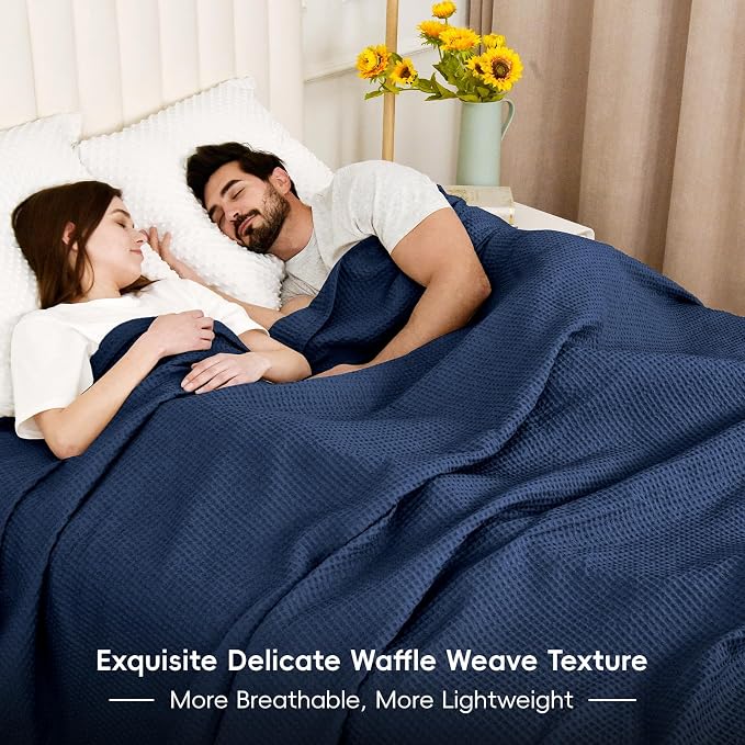 PHF 100% Cotton Waffle Weave Family Blanket Oversized King 120"*120", Pre-Washed Lightweight Breathable, Machine Washable,10'x 10' Huge Extra Large Big, Home Decoration Gift - Navy Blue/Bright Blue