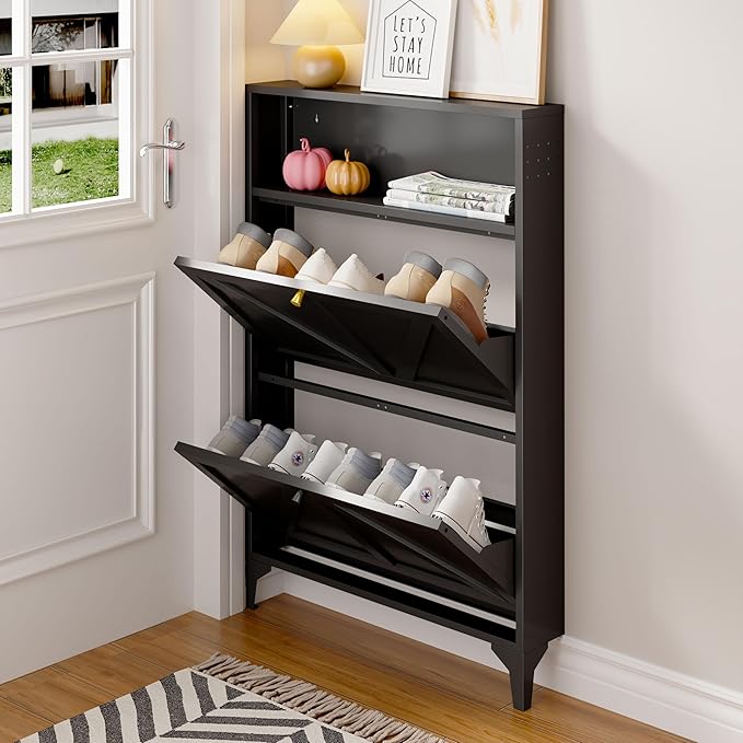 Silm Shoe Cabinet with 2 Flip Drawers,Hidden Shoe Storage Cabinet,Metal Freestanding Organizer,Narrow Shoe Cabinet Storage for Entryway,Hallway,Living Room(2 Door, Black)