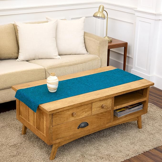 Solino Home Linen Small Table Runner 60 Inches - Athena, 100% Pure Linen Chambray Teal Table Runner 14 x 60 Inch Ideal for Dresser and Coffee Tables, Summer