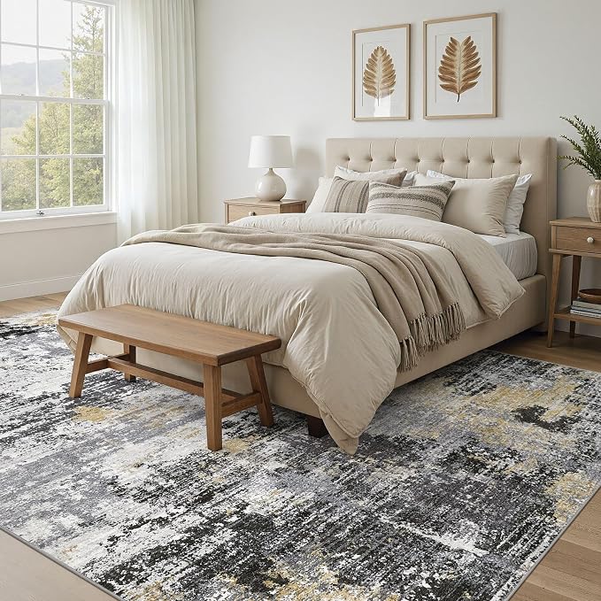 UERMEI 8x10 Area Rug for Living Room - Washable Neutral Modern Abstract Carpet, Non-Slip Soft Large Indoor Floor Rugs for Bedroom Home Office & Under Dining Table Decor, Black/White/Gold