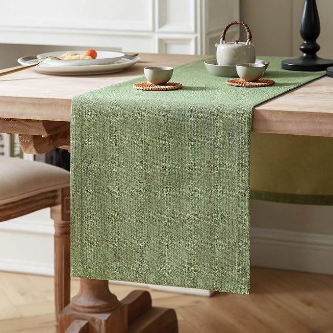 ZeeMart Burlap Style Farmhouse Table Runners 60 Inches Long, Green Rustic Woven Dining Table Runner for Everyday Use, 14x60 Inches, Grass Green