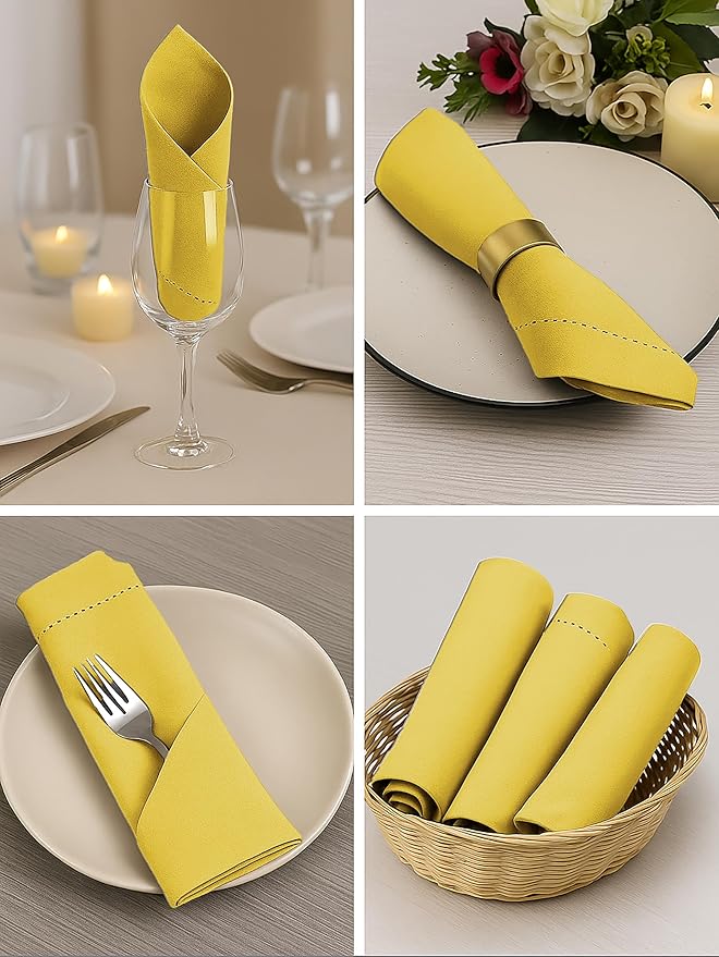 ALPHA Living HOME Cotton Cloth Napkins Set of 12, 18x18 Cotton Napkin Cloth Washable, Soft, Reusable Napkins for Wedding, Parties, Christmas, Thanksgiving, Everyday Use (Yellow)