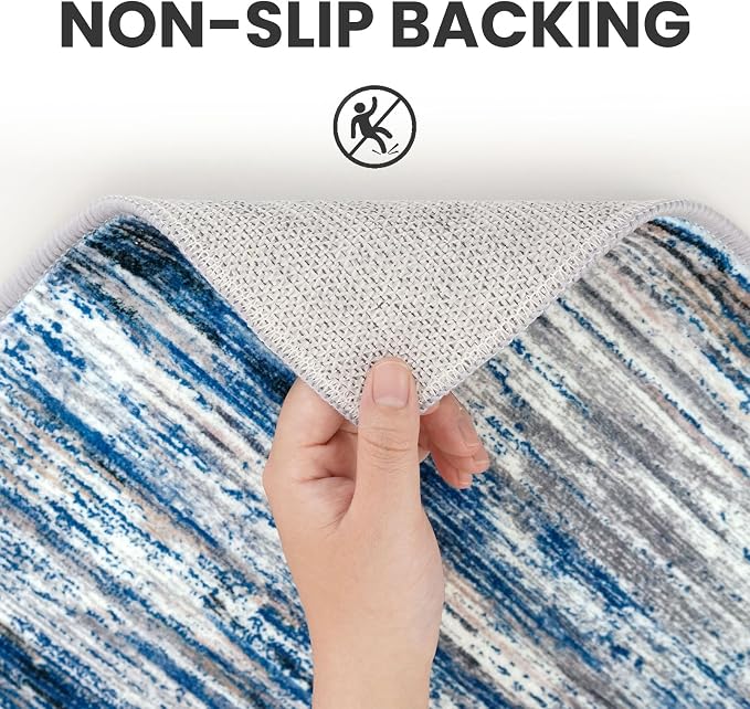 SIILOOM 2x7 Modern Abstract Runner Rug for Hallways, Navy Blue Gray Neutral Multi Super Soft Hallway Decor Kitchen Rugs with Non-Slip, Non-Shedding Washable Rug for Hallways Entryway Bedroom Indoor