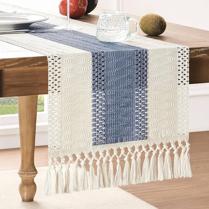 ZeeMart Macrame Style Bicolor Stitching Table Runner, 14 x 36 Inch Blue/Ivory, Boho Blue Table Runners 36 Inches Long, Farmhouse Woven Home Decor