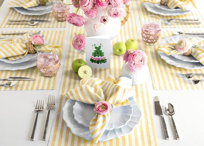 Solino Home Linen Table Runner 108 Inches Long - Amalfi Stripe, 100% Pure Linen Primrose Yellow and White Table Runner 14 x 108 Inch for Dining, Summer