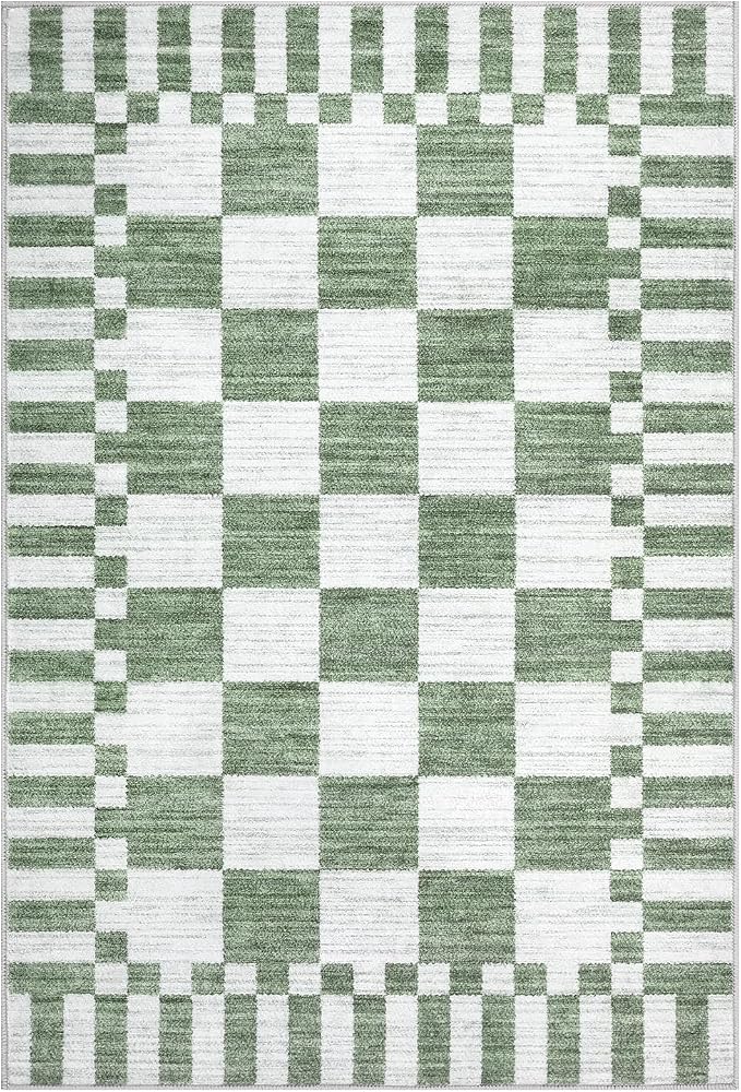 GarveeHome Sage Green Checkered Rug 2x4 Washable Rug Non-Slip for Entryway, Soft Low-Pile Small Area Rugs,Neutral Modern Geometric Rugs for Kitchen