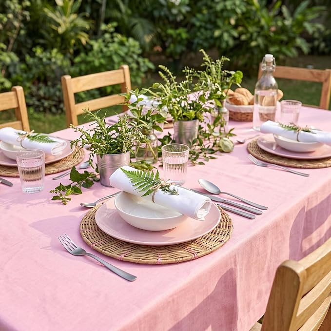 Solino Home Linen Tablecloth 60 x 90 Inch - 100% Pure Linen Pink Lemonade Table Cloth for Rectangle Tables - Fete, Machine Washable Tablecloth for Summer