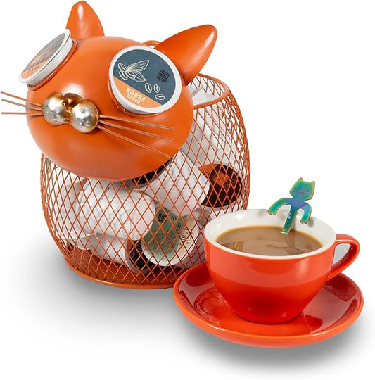 Made Easy Kit Coffee Pod Basket Organizer Practical Decoration - Compatible with Keurig K-Cup Pods & Capsules - Home Cafe Bar Decor Useful Kitchen Countertop Freestanding (Cat Orange)