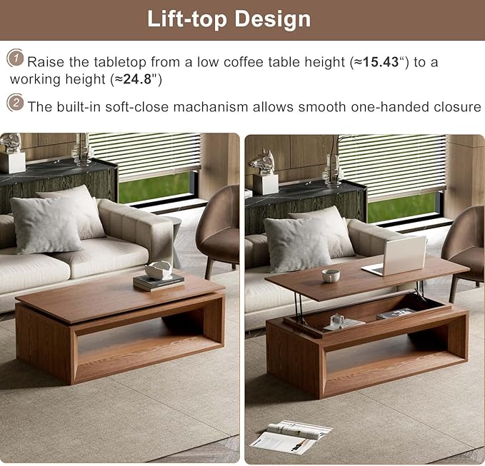 43.3'' Rectangle Lift Top Coffee Table with Storage & Adjustable Height, Mid Century Modern Center Table Accent Tea Table or Living Room Apartment Office, Walnut