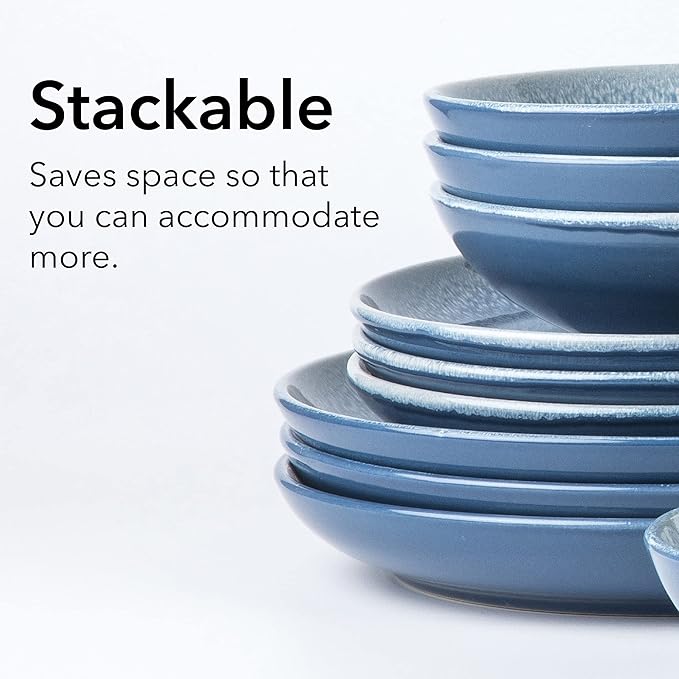 Arora FAIT Round Stoneware 16pc Dinnerware Set for 4, Dinner Plates, Side Plates, Cereal Bowls, Mugs - Reactive Glaze Blue (463014)