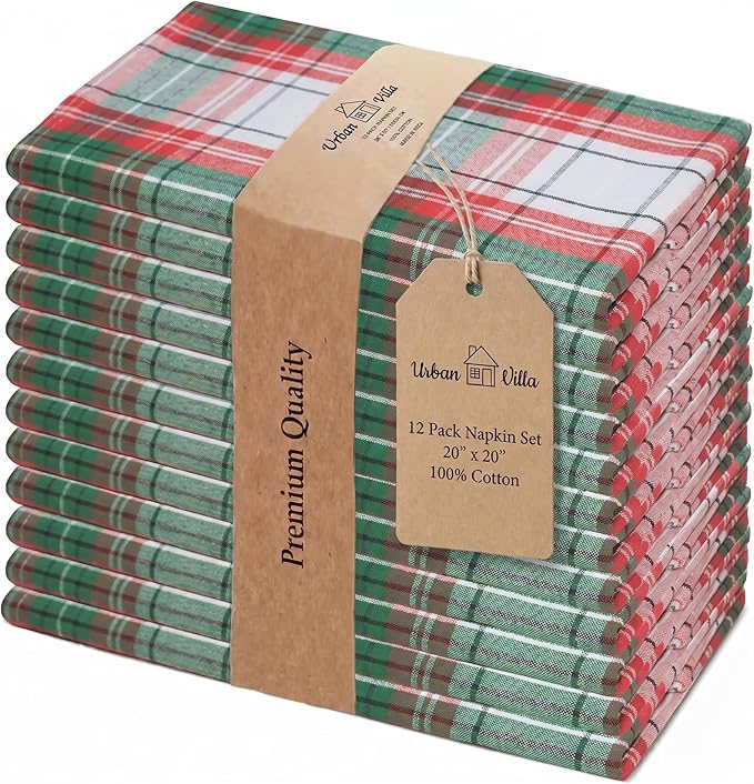 Urban Villa Cloth Napkins 100% Cotton Highly Absorbent Washable Reusable Premium Dinner Napkins Ideal for Gifts for Mothers Day Hotel Farmhouse Parties - Chirstmas Checks (20" x 20", Set of 12)