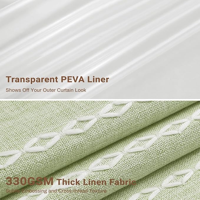 BTTN 3 in 1 Shower Curtain with Liner, 80 Inch Long Boho Linen Striped Cloth Shower Curtain Set with Hook, Tall Rustic Farmhouse Bohemian Waterproof Fabric Curtain for Bathroom, Sage Green, 72x80