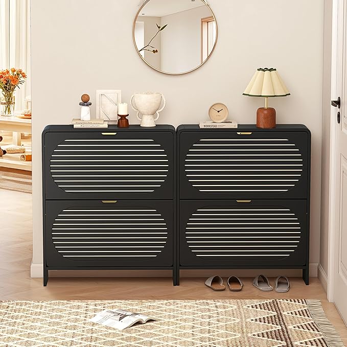 27" Mid-Century Modern Shoe Storage Cabinet for Entryway, 2 Flip Drawer Wood Shoe Cabinet with Curved Corner & Arched Fluted Pattern, Hidden Narrow Shoe Organizer for Living Room (Black,with Divider)