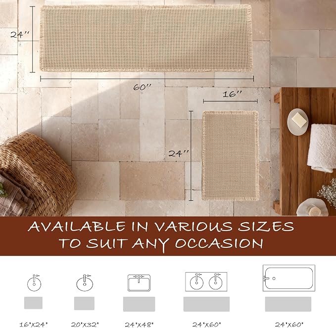 DWCN Set of 2 Waffle Boho Bathroom Mats, Non Slip Bath Rug Set for Bathroom Floor, Super Absorbent Shower Mats for Tub, Washable Kitchen Rugs for Farmhouse Home Decor, 16" x 24" Plus 24" x 60", Brown