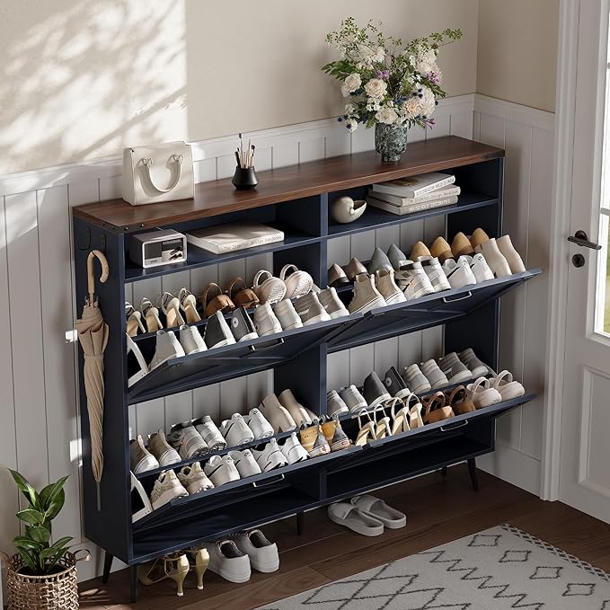 Shoe Storage Cabinet with 4 Flip Drawers Narrow Shoe Rack Cabinet Farmhouse Design Freestanding Shoe Organizer with Open Storage for Entryway,Hallway,Foyer,Blue Walnut