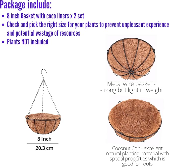 LaLaGreen Hanging Baskets Outdoor - (8 Inch, 2 Pack) Hanging Planters Outside with Coco Liner, Small Round Flower Pots Hanger Metal Wire Holder Outdoor Porch Patio Modern Deck Balcony Garden Decor