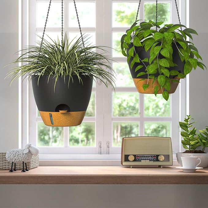 ZMTECH 12 Inch Large Self Watering Hanging Planters for Indoor Outdoor Plants - Water Level Indicator & Removable 60 Oz Reservoir, 1 Pack Plastic Hanging Basket for Window Porch Garden Balcony, Black